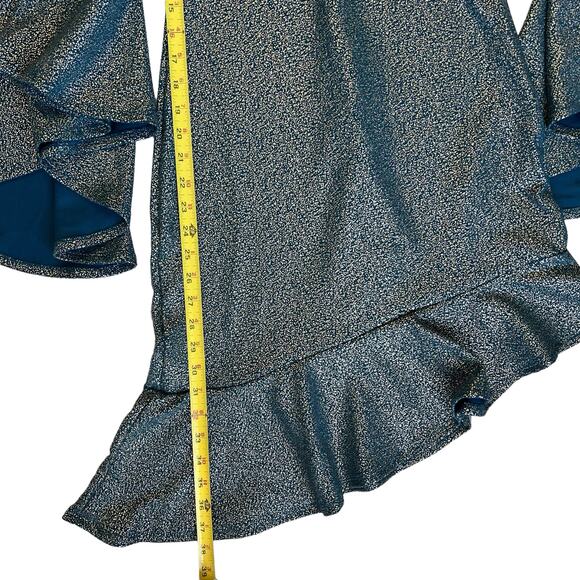 Venus Party Dress Medium Teal & Metallic Gold Asymmetrical Flare Sleeve Holiday - Picture 10 of 16